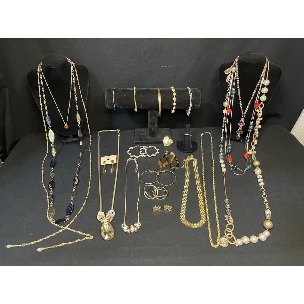 Vintage To Now Gold tone Jewelry Lot Necklace Bracelet Earrings Brooch Ring